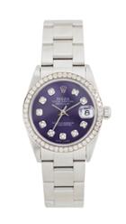 Pre Owned Rolex Mid Size Rolex Purple Diamond Dial Diamond Bezel Oyster Band