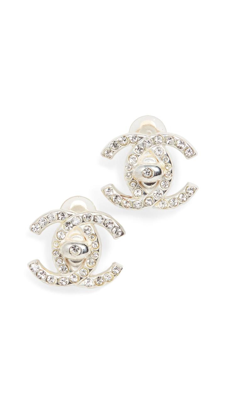 What Goes Around Comes Around Chanel Silver Crystal Turn Lock Earring