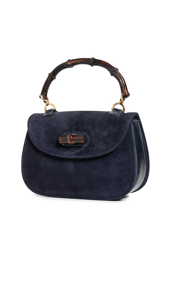 What Goes Around Comes Around Gucci Navy Suede Bamboo Handbag