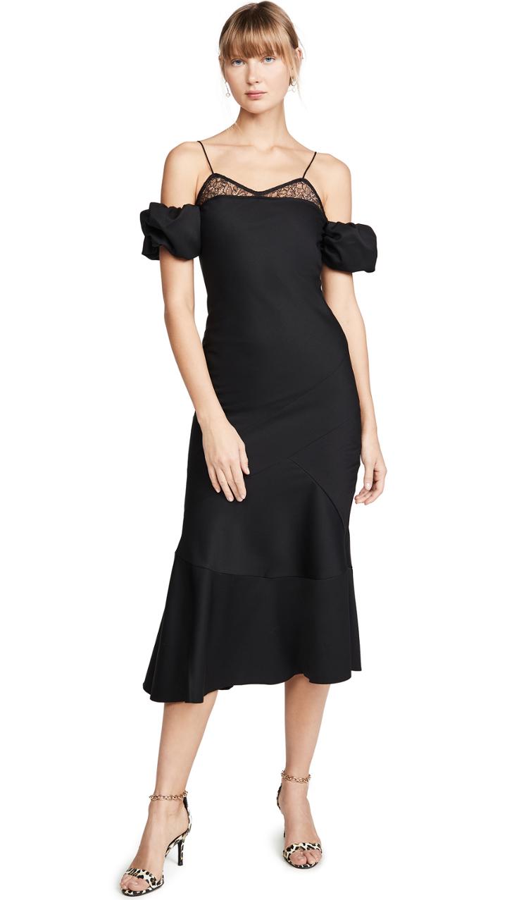 Anais Jourden Black Lace Wool Midi Dress With Puff Sleeves
