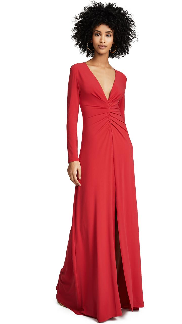 Halston Heritage V Neck Ruched Front Gown