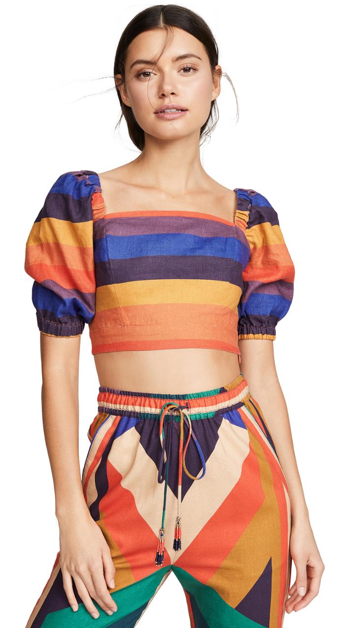 Farm Rio Rainbow Puff Sleeve Crop Top