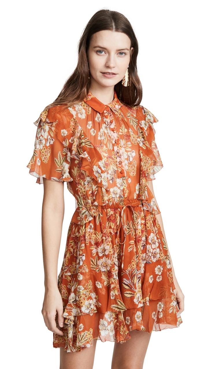 Nicholas Orange Floral Ruffle Cascade Dress