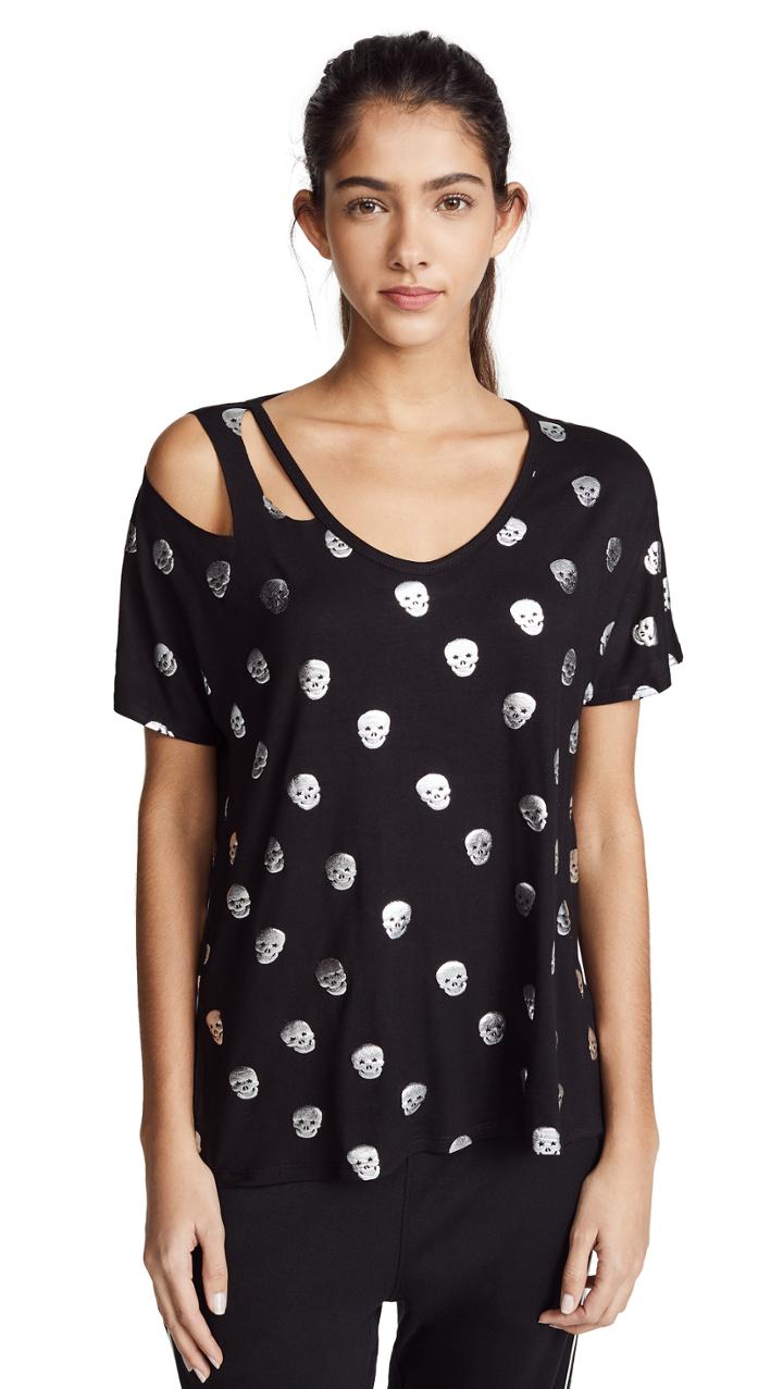 Terez Foil Printed Slash Shoulder V Neck Tee