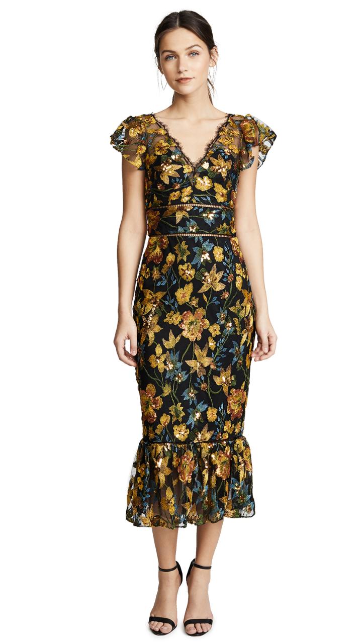 Marchesa Notte Embroidered Cocktail Dress With Flutter Sleeves