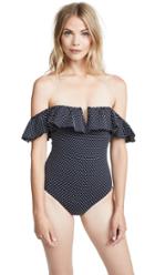 Red Carter Hot Spot Ruffle Off Shoulder Maillot