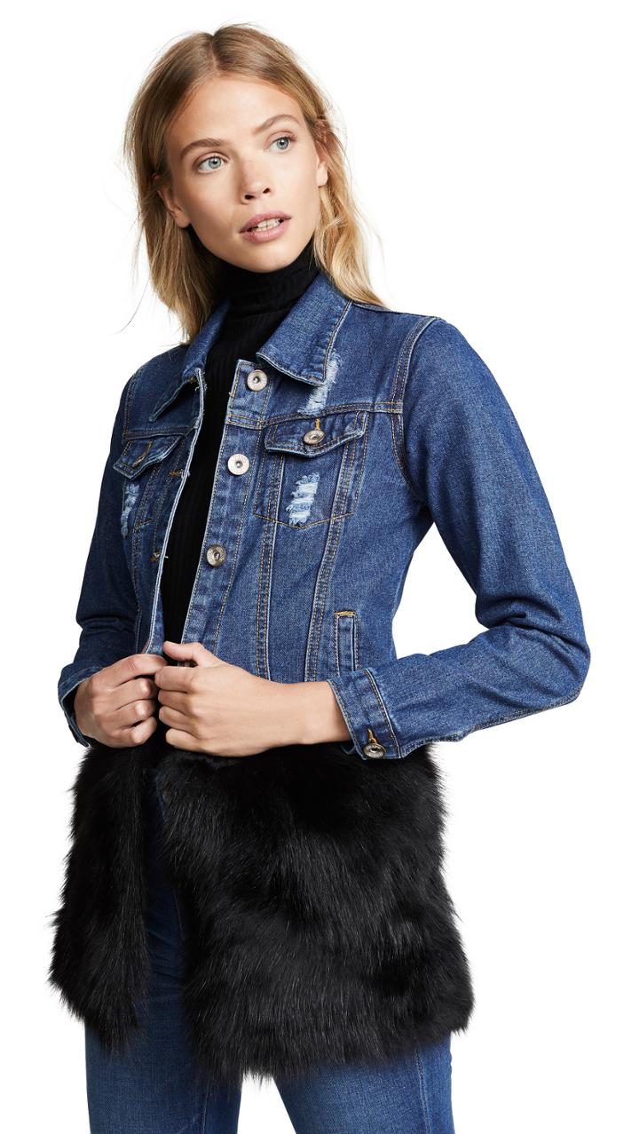 One By J4k One By Dark Denim Trucker Jacket With Fox Fur