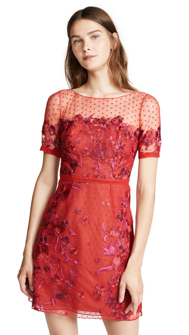 Marchesa Notte Cap Sleeve Boat Neck Embroidered Tulle Cocktail