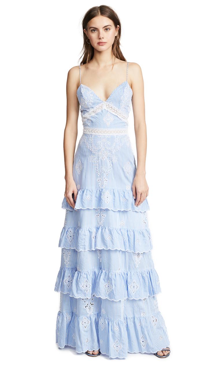 Nicholas N Nicholas Embroidered Stripe Ruffle Maxi Dress