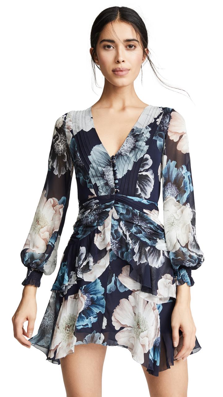 Nicholas Floral Pintuck Long Sleeve Mini Dress
