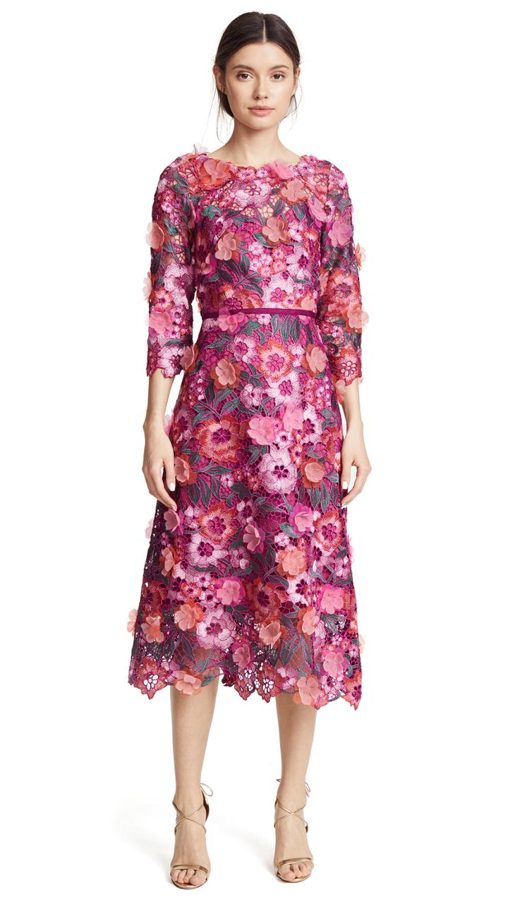 Marchesa Notte Guipure Lace Cocktail Dress With 3d Flowers