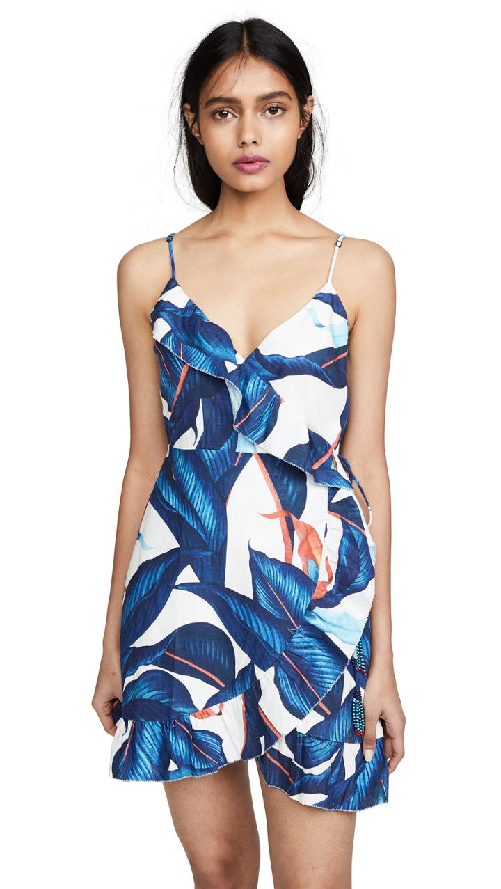 Farm Rio Blue Palm Mini Wrap Dress