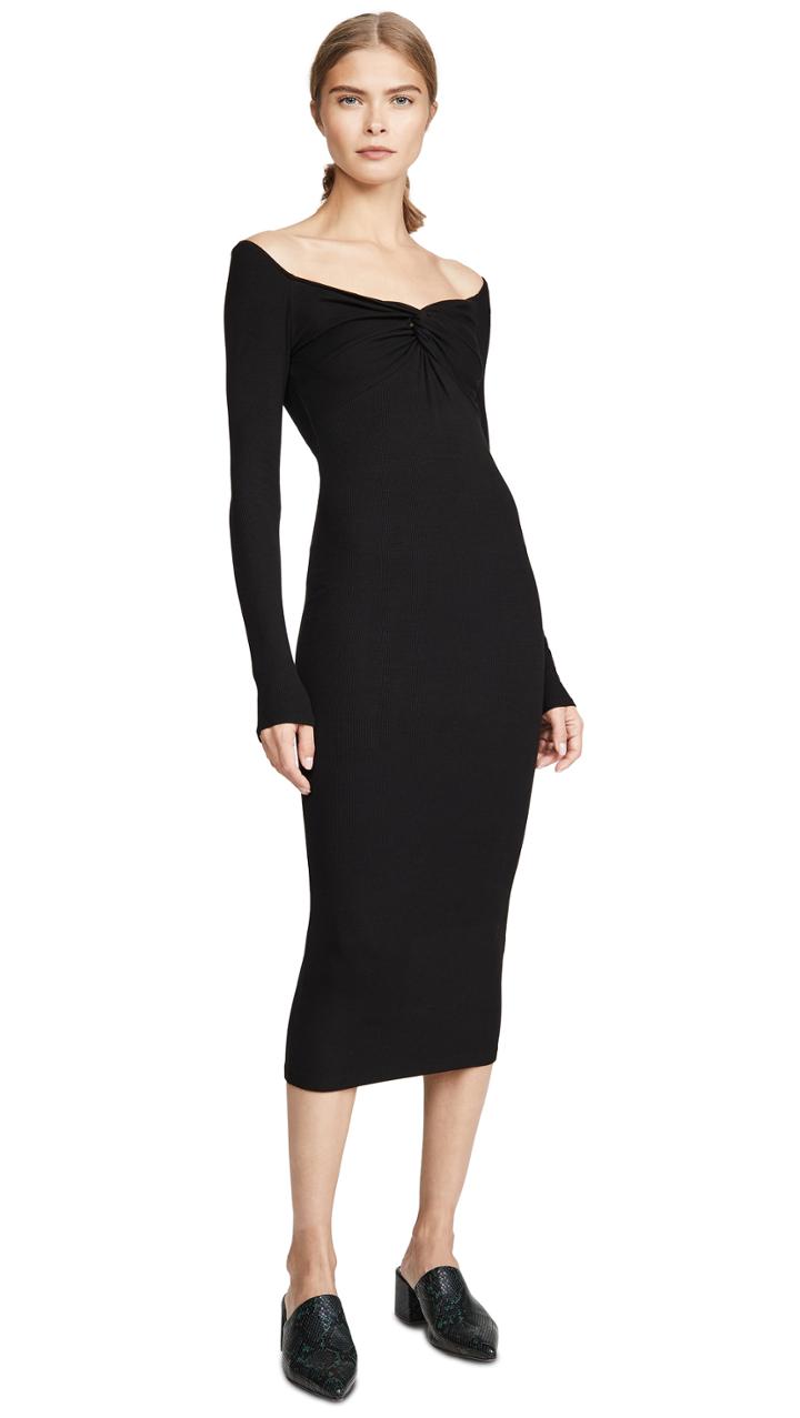Enza Costa Silk Rib Off Shoulder Twist Midi Dress