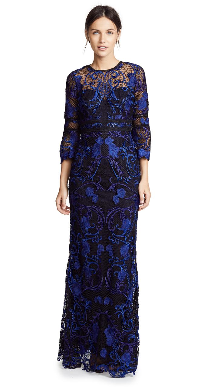 Marchesa Notte Guipure Lace Gown With 3 4 Sleeves