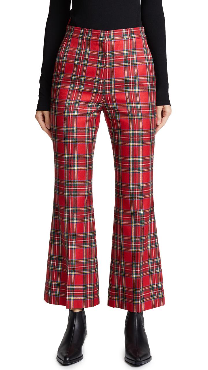 Pushbutton Crop Flare Plaid Pants