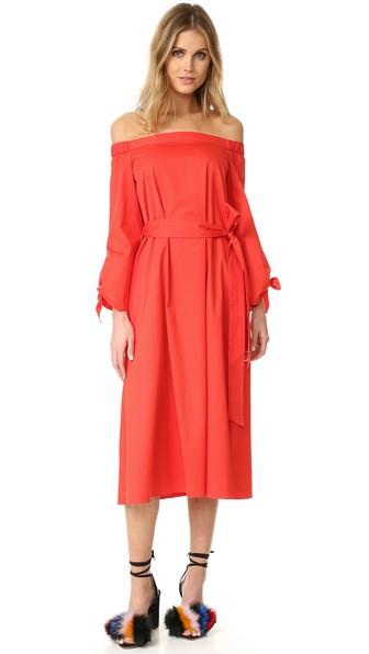 Tibi Midi Off Shoulder Poplin Dress