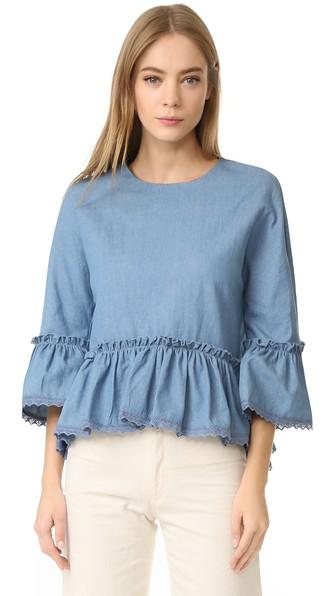English Factory Denim Top With Crochet Lace Trim