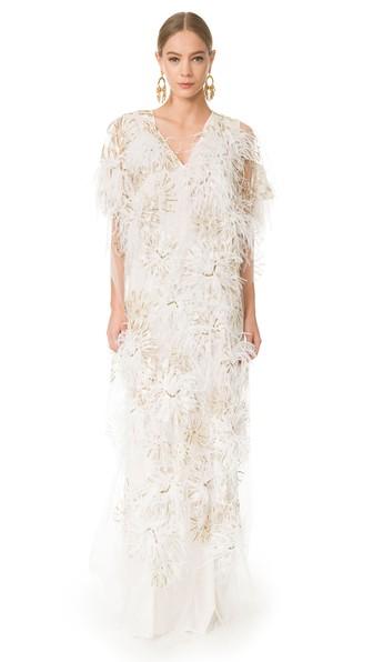 Marchesa Long Caftan With Feathers