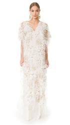 Marchesa Long Caftan With Feathers
