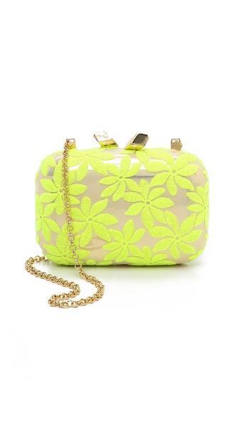 Kotur Margo Clutch With Drop In Chain & Floral Lace - Fluorescent Yellow/gold