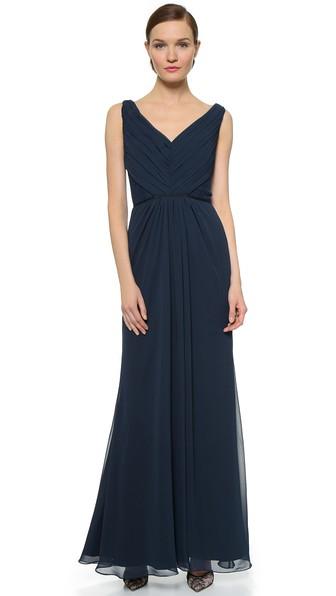 Monique Lhuillier Bridesmaids Pleated Gown With Lace Trim