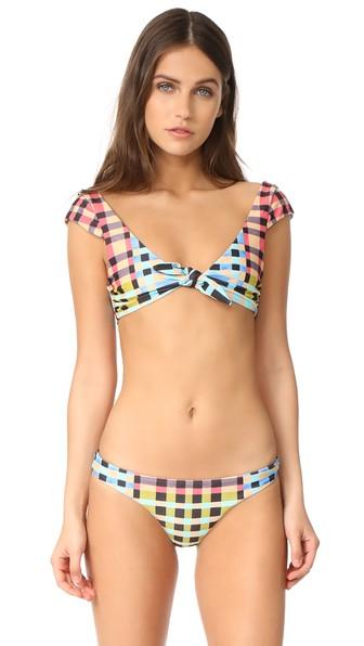 Mara Hoffman Plaid Mustard Cap Sleeve Tie Front Top