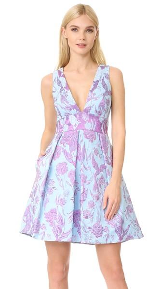 Marchesa Notte V Neck Metallic Floral Dress