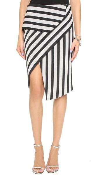 Mason By Michelle Mason Asymmetrical Stripe Peplum Skirt - Black Stripe