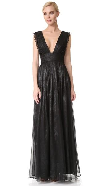 Monique Lhuillier Bridesmaids V Neck Metallic Ruffle Gown