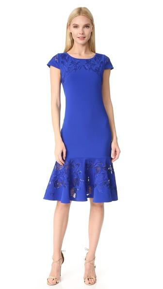 Marchesa Notte Laser Cut Short Sleeve Dress