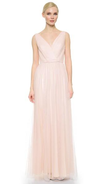 Monique Lhuillier Bridesmaids Shirred Multi Tone V Neck Gown