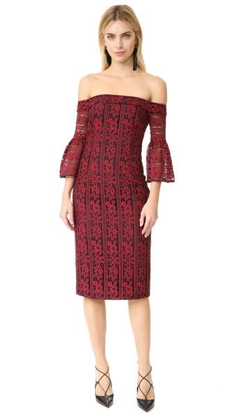 Cynthia Rowley Floral Stripe Lace Fitted Off Shoulder Dress