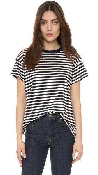 The Great. The Boxy Crew Tee - Navy & Cream Striped