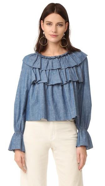 See By Chloe Ruffled Chambray Top