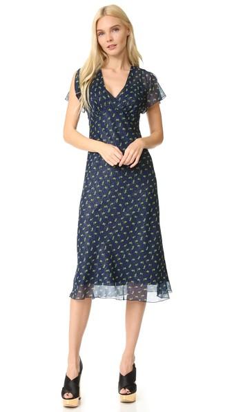 Anna Sui Rosebud Print Metallic Crinkle Chiffon Midi Dress