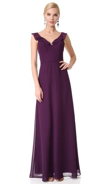 Monique Lhuillier Bridesmaids V Neck Ruffle Gown