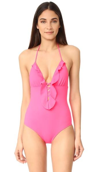 Shoshanna Lattice Ruffle One Piece