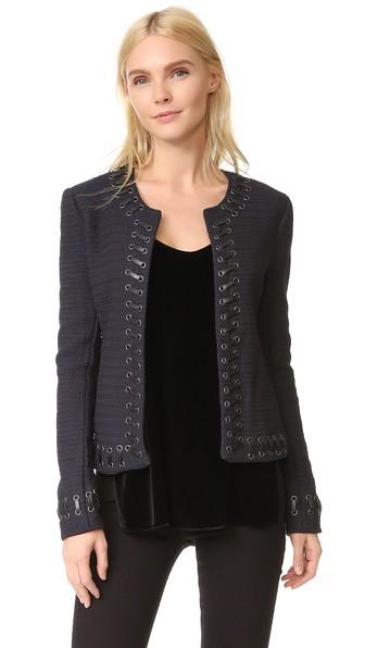 L Agence Devereaux Leather Whipstitch Tweed Jacket