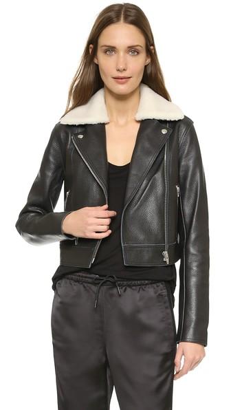 T By Alexander Wang Shearling Collar Leather Moto Jacket - Black And Bone