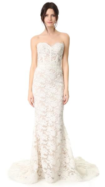Reem Acra Angelica Lace Strapless Gown
