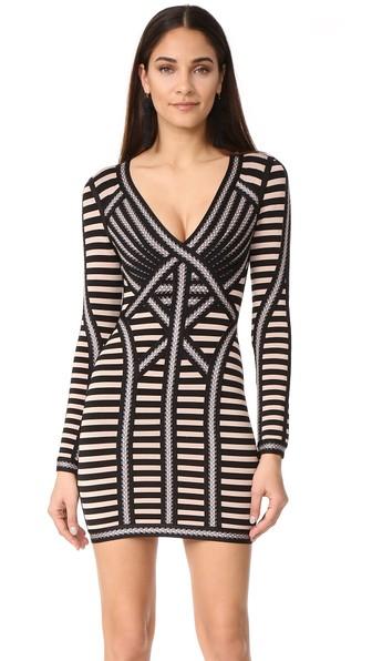 Herve Leger Stella Long Sleeve V Neck Dress