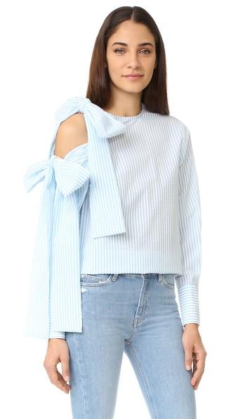 Msgm Seersucker Open Shoulder Tie Blouse