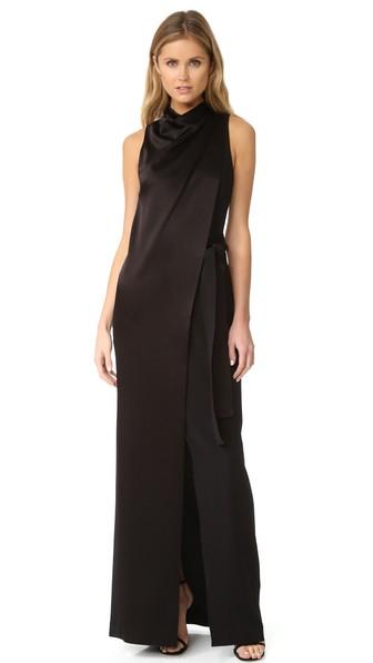 Halston Heritage Draped Neck Satin Gown With Belt