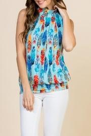  Feather-print-mock-neck Pleated-sleeveless-top