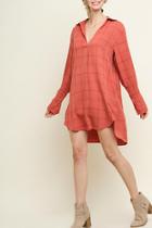 Long Sleeve Plaid Print V-neck Collared Dress