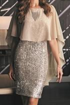  Beige/silver Sequin Overlay Knee Length Dress