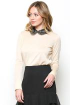 Cream Lightweight Sweater With Black Embroidered Collar