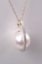  Yellow Gold Diamond And Pearl Drop Pendant Necklace, 18 Chain