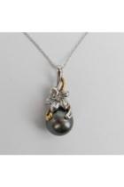  Black Tahitian Pearl And Diamond White Gold Pendant Flower Necklace Chain 18 June Birthday