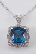  Diamond And Cushion Cut London Blue Topaz Halo Pendant Necklace White Gold 18 Chain